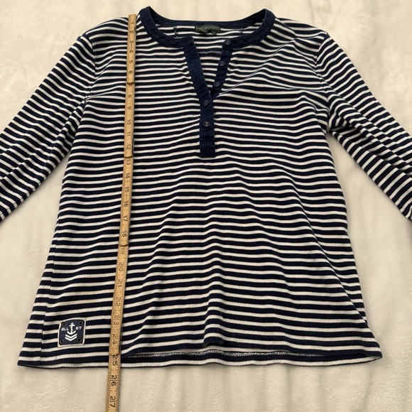 Lauren Ralph Lauren Womens XL Top Navy Striped Henley Nautical Preppy Coastal - Picture 10 of 12